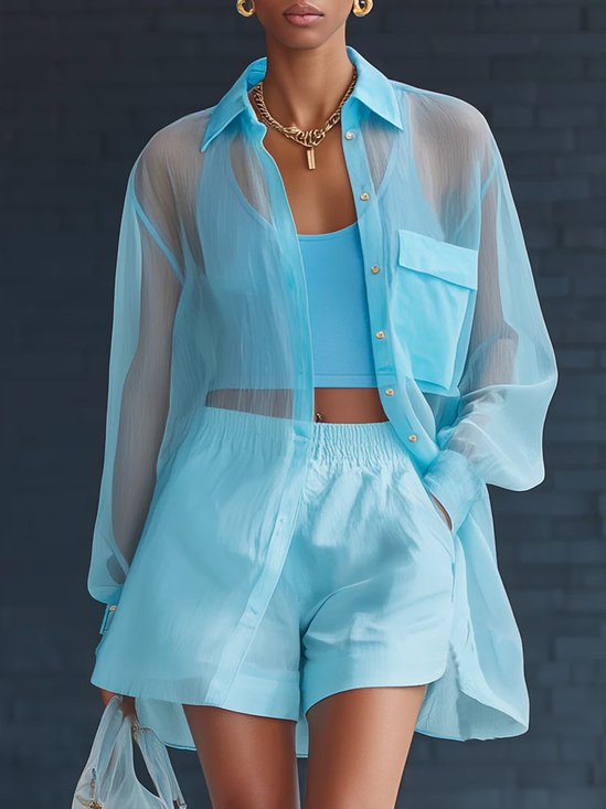 Casual Plain Shirt Collar Pocket Shirt