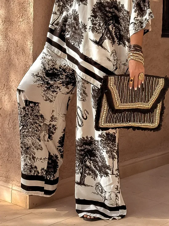 Casual Botanical Pattern Printing Wide Leg Pants