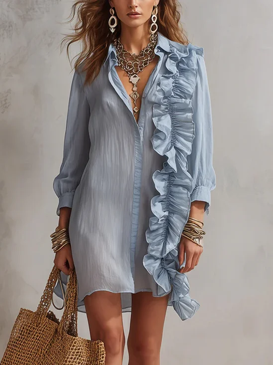 Vacation Plain Peplum Shirt Collar Mini Dress