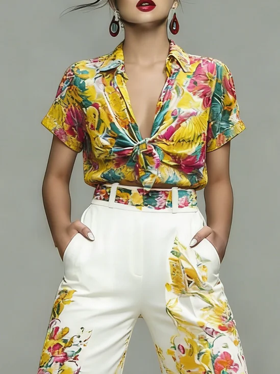 Urban Floral Printing Shirt Collar Shirt
