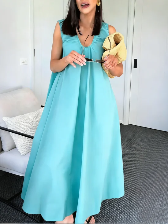 Cotton Casual Plain U-Neck Loosen Maxi Dress