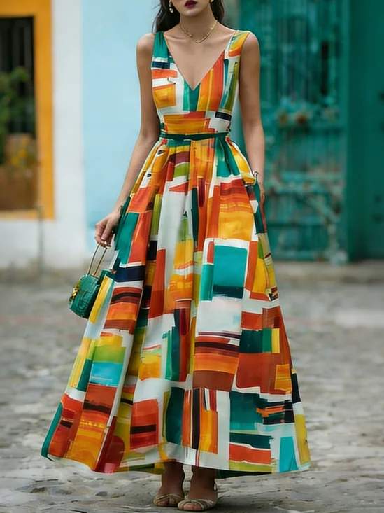 Elegant Colorblock Printing V Neck Maxi Dress