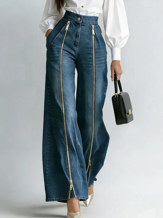 Plus Size Denim Plain Casual Zipper Jeans