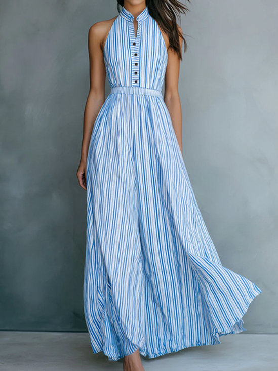 Vacation Striped Stand Collar Maxi Dress