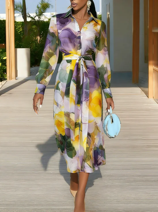Elegant Floral Printing Shirt Collar Midi Dress With Belt