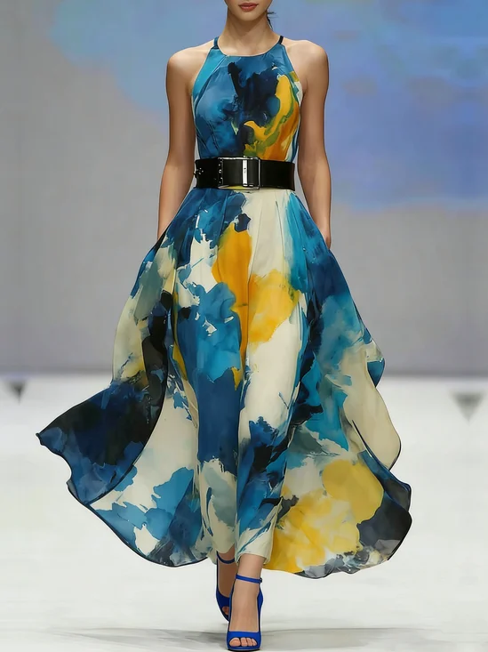 Vacation Random Print Halter Maxi Dress No Belt