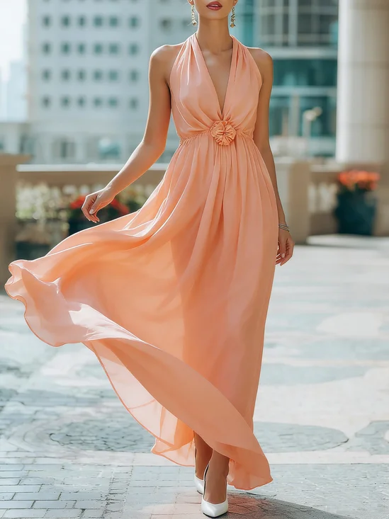 Vacation Plain 3D Floral V Neck Maxi Dress