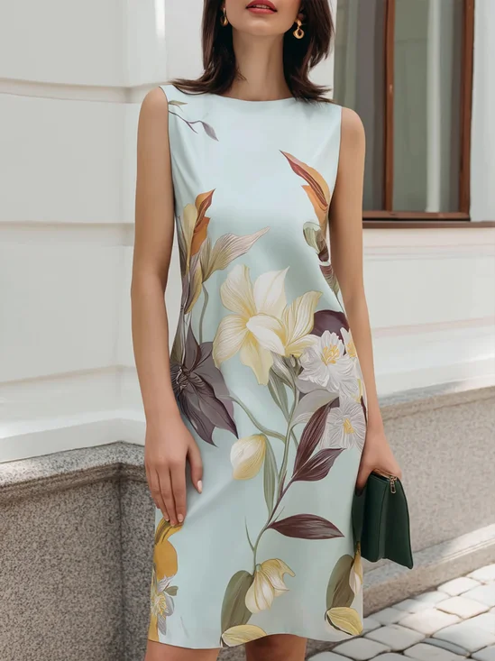Elegant Floral Printing Crew Neck Knee Length Dress