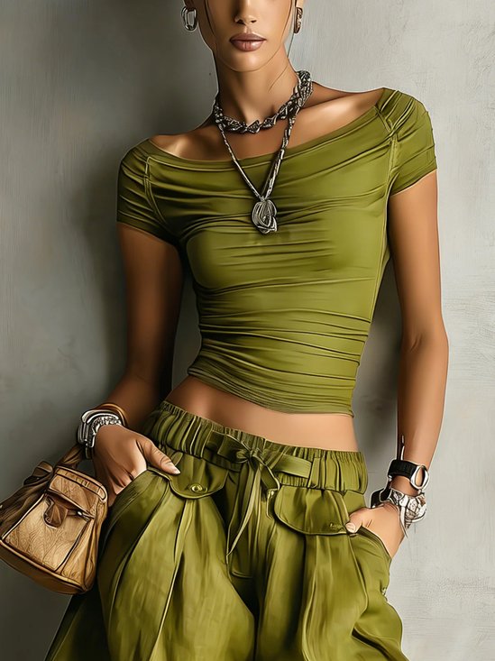 Casual Plain Boat Neck T-shirt