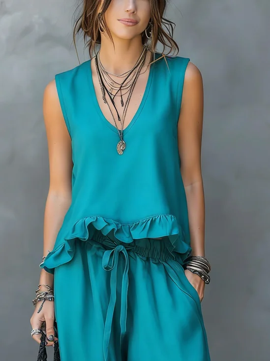 Urban Plain Peplum V Neck Tank Top