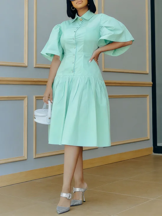 Elegant Plain Puff Sleeve Ruched Shirt Collar Midi Dress
