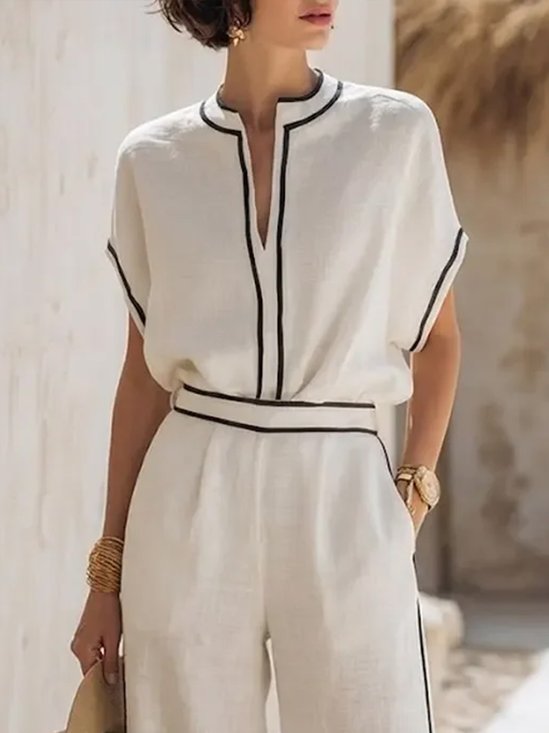 Cotton And Linen Casual Plain Piping V Neck  Blouse