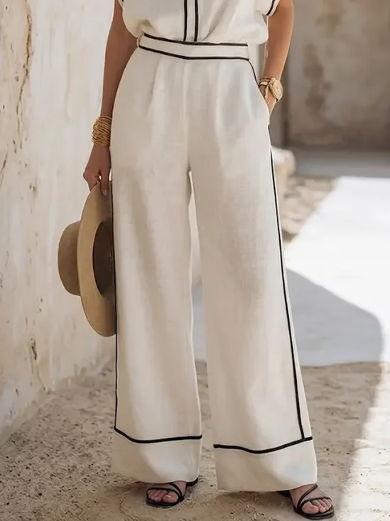 Cotton And Linen Casual Plain Piping Straight Pants