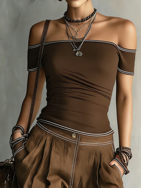 Casual Color Block Cold Shoulder T-shirt