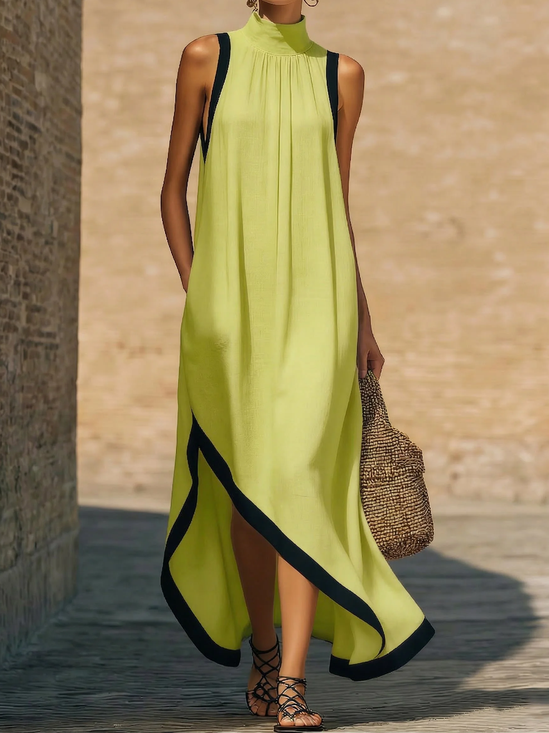 Cotton And LInen Casual Color Block Stand Collar Maxi Dress