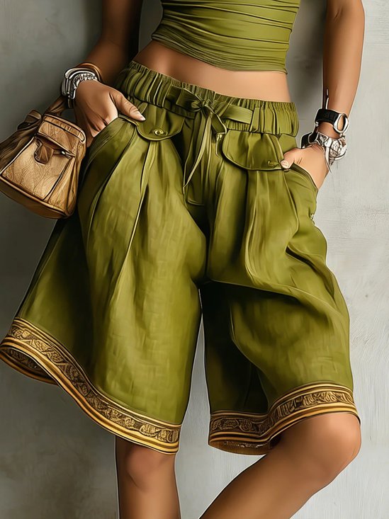 Casual Plain Ethnic Printing Straight Shorts