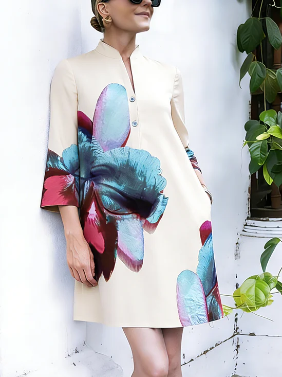 Casual Floral Printing Stand Collar Mini Dress