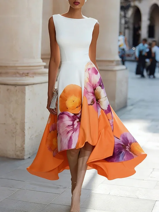 Elegant Floral Printing Boat Neck Midi Dress