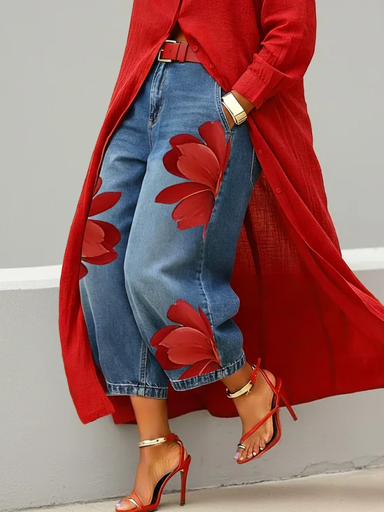 Plus Size Zipper Denim Casual Floral Jeans With No Belt