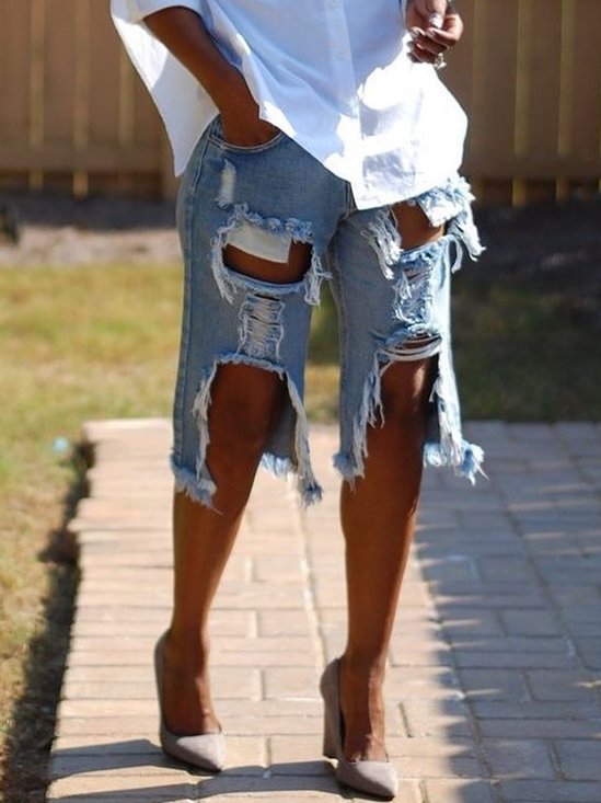 Casual Ripped Plain Denim Shorts