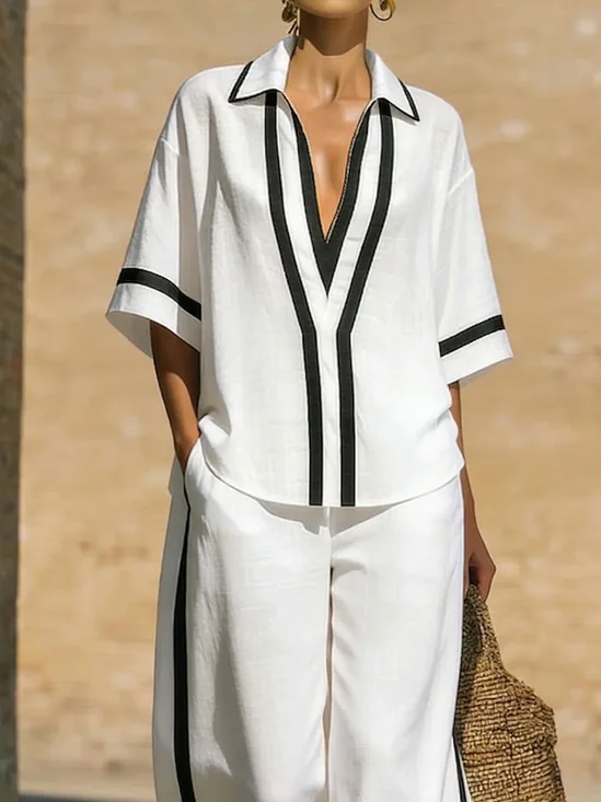 Cotton And Linen Casual Color Block Shirt Collar Shirt