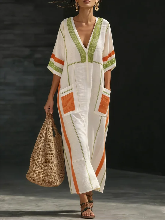 Casual Striped  Printing V Neck Maxi Dress