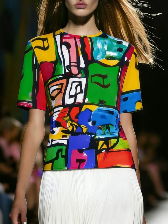 Casual Random Print Printing Crew Neck T-shirt