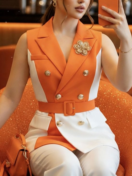Urban Buttoned Color Block Lapel Collar Vest With Belt No Brooch
