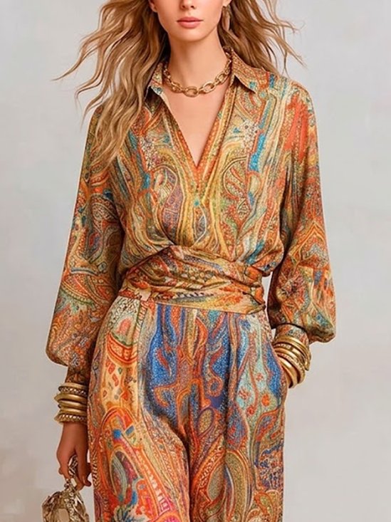 Elegant Paisley Blouse Puff Sleeve Shawl Collar Loose Vacation