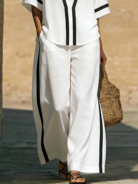 Cotton Casual Color Block Split Joint Wide Leg Pants