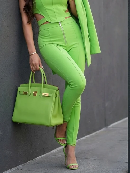 Casual Plain Zipper Slim Fit Pants