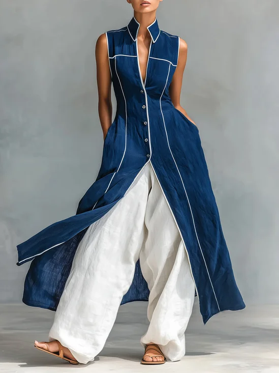 Cotton And Linen Casual Color Block Piping Stand Collar Shirt