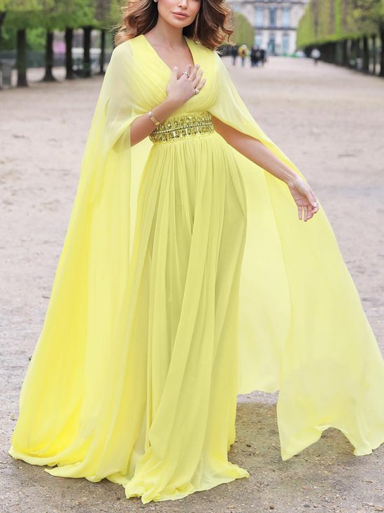 Elegant Plain Rhinestone V Neck Maxi Party Dress