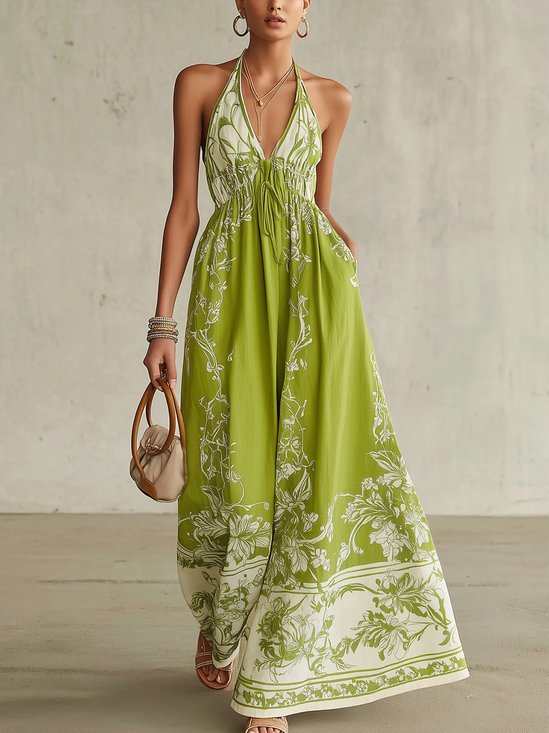 Vacation Floral Printing Spaghetti Maxi Dress