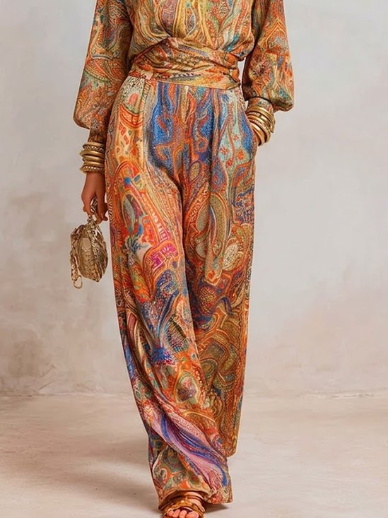 Elegant Paisley Wide Leg Pants H-Line Natural Vacation Trousers
