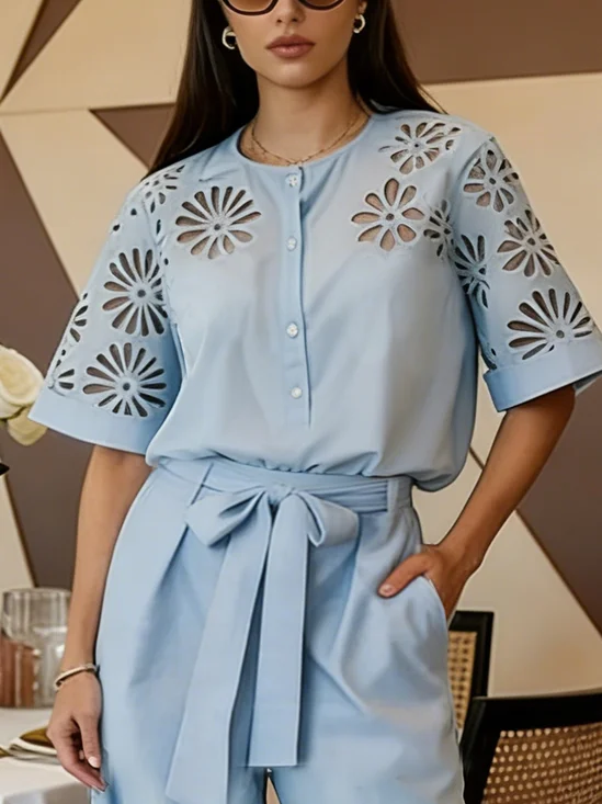 Cotton Casual Plain Buttoned Crew Neck Shirt