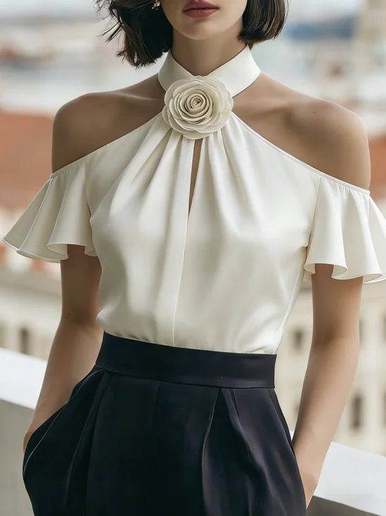 Satin Elegant Plain 3D Floral Halter Blouse