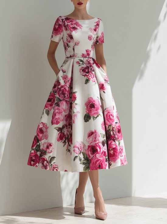 Urban Floral Printing Mock Neck Midi Dress