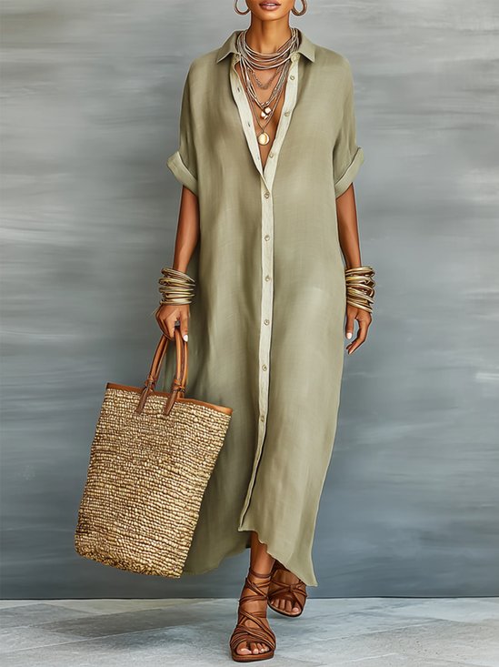 Cotton Casual Color Block Buttoned Shirt Collar Maxi Dress