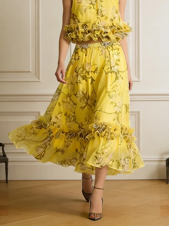 Elegant Peplum Floral Midi Skirt