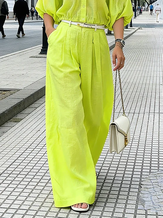 Cotton And Linen Casual Plain Wide Leg Pants