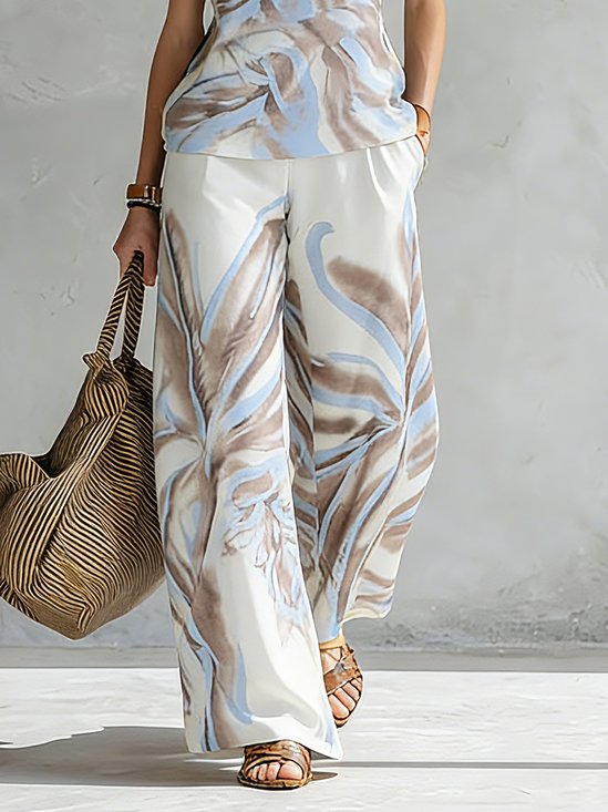 Vacation Botanical Pattern Printing Wide Leg Pants