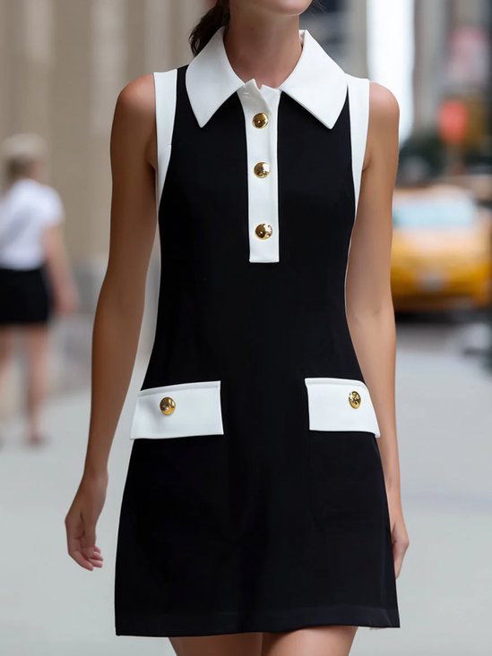 Elegant Color Block Shirt Collar Mini Dress