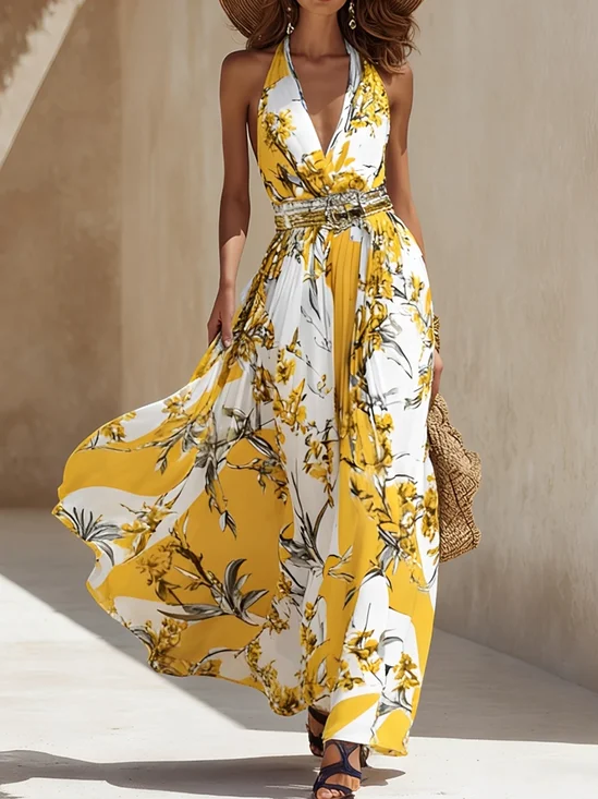 Vacation Floral V Neck Maxi Dress With Belt
