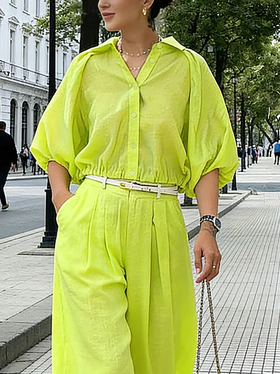 Cotton And Linen Casual Plain Shirt Collar Balloon Sleeve Shirt