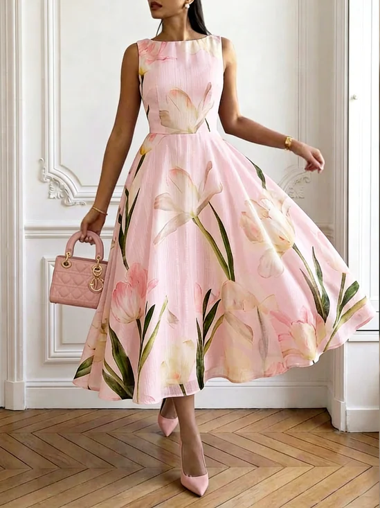Elegant Floral Printing Boat Neck Midi Dress