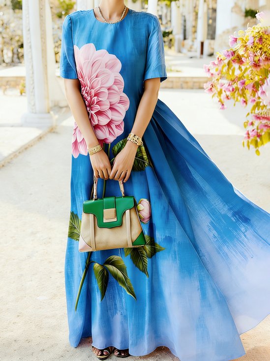 Elegant Floral Printing Crew Neck Maxi Dress