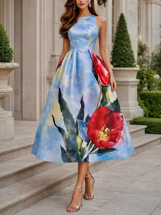 Elegant Floral Printing Crew Neck Midi Dress