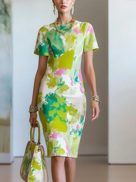 Elegant Random Print Printing Crew Neck Knee Length Dress