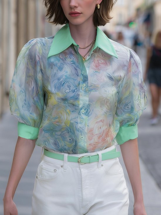 Elegant Random Print Printing Shirt Collar Puff Sleeve Shirt